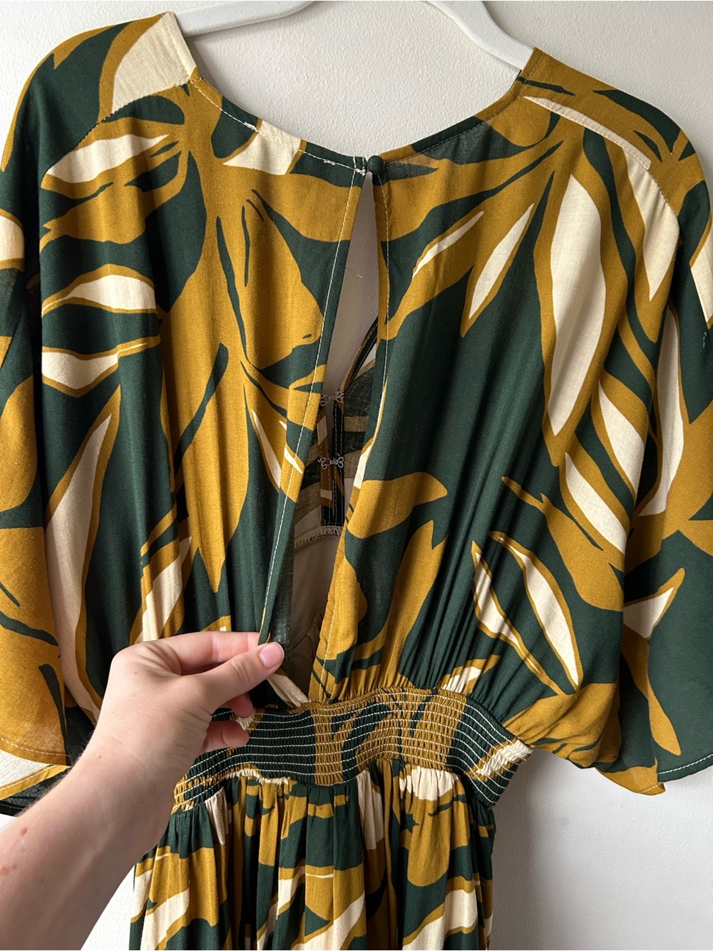 Boho Tropical Dress Forum Kimono Sleeve Maxi Floral Dress Forest Green Tan Cream - Picture 9 of 11